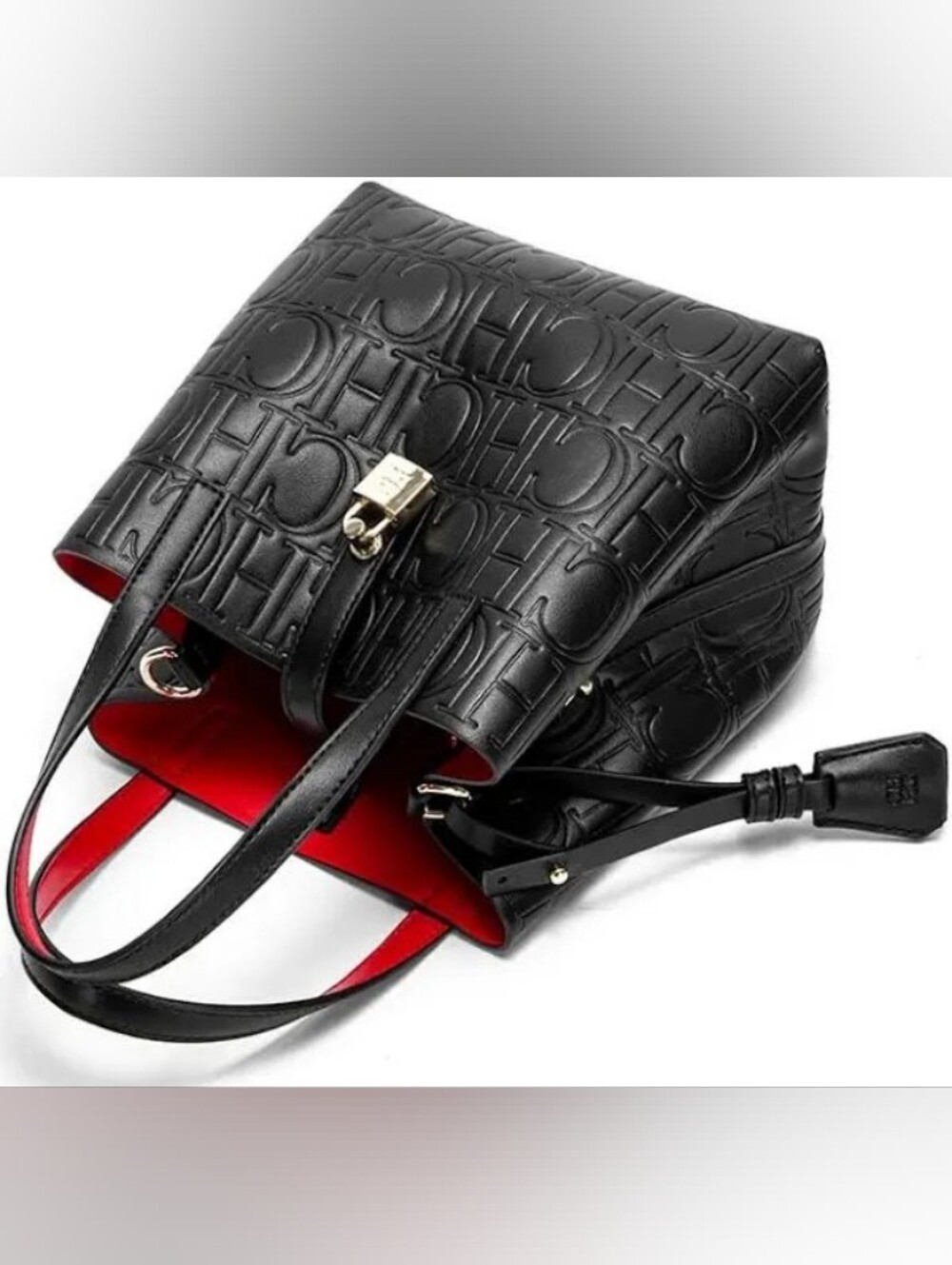 Women’s Embossed CHCH Logo Tote Bag in Black with Red Interior